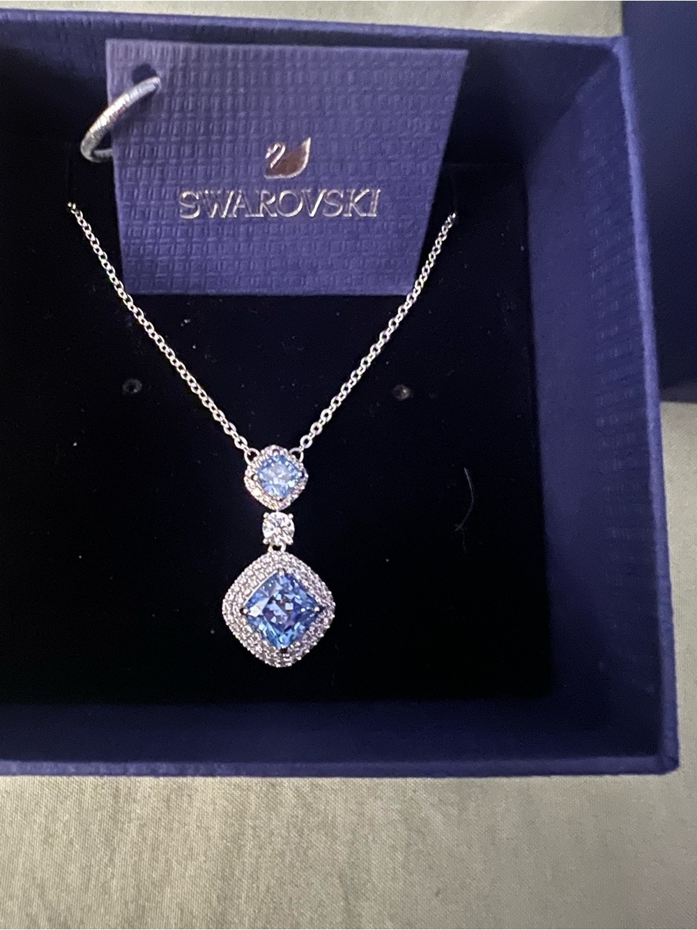 Swarovski Silver Necklace with Blue Double-Drop Crystal Pendant